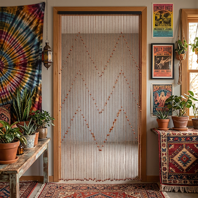 Wooden Beaded Door Curtain Red Round Zig Zag